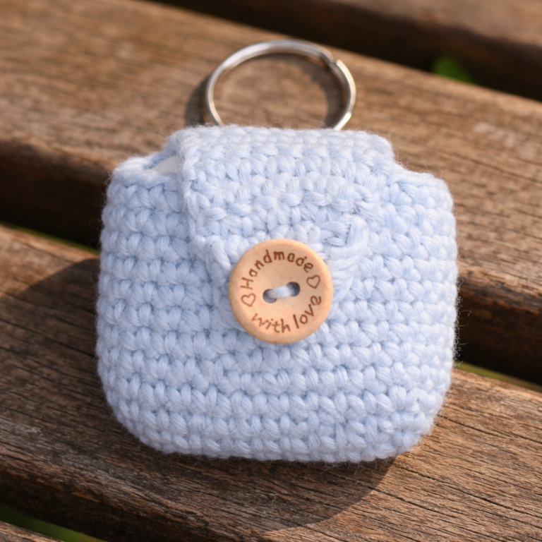 Light blue handmade crocheted AirPods case with keyring and wooden button displayed on a sunny wooden park bench