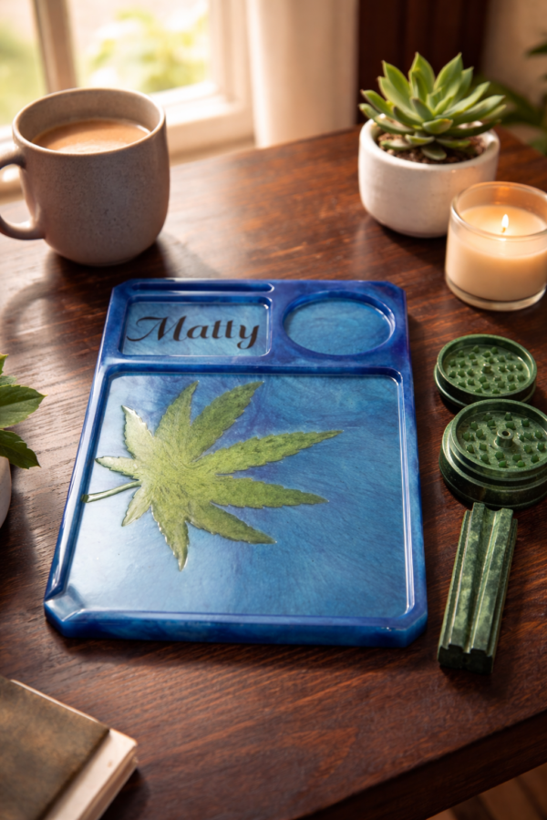 Personalised Blue Resin Herb Tray with Matching Ashtray Personalised blue resin herb tray with botanical leaf design, matching ashtray and accessory holder on a wooden table