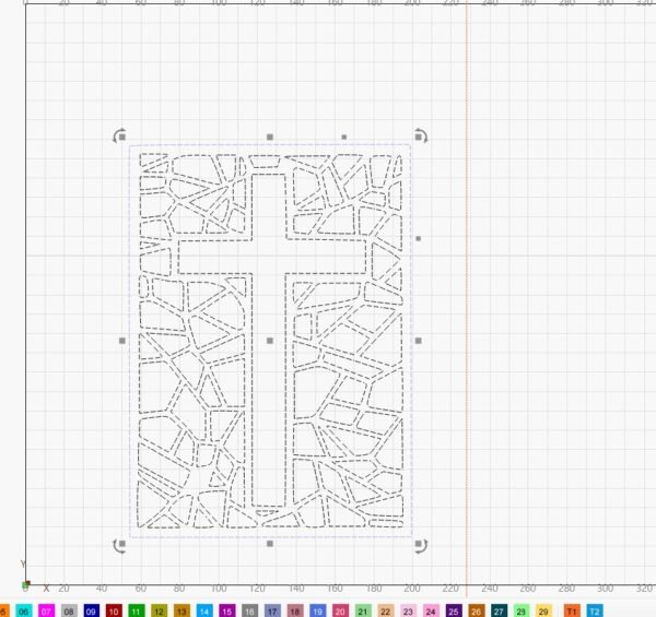 Stained glass cross suncatcher SVG shown as a laser cut template in design software for digital download