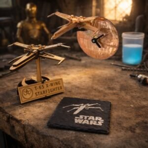 Handcrafted X-wing gift set featuring wooden starfighter model, Death Star style clock with attached X-wing and engraved slate coaster in warm workshop setting