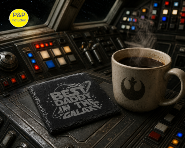 Best Daddy in the Galaxy Slate Coaster – Sci-Fi Gift with Coffee Scene Engraved slate coaster reading Best Daddy in the Galaxy next to a steaming coffee on a sci-fi control panel