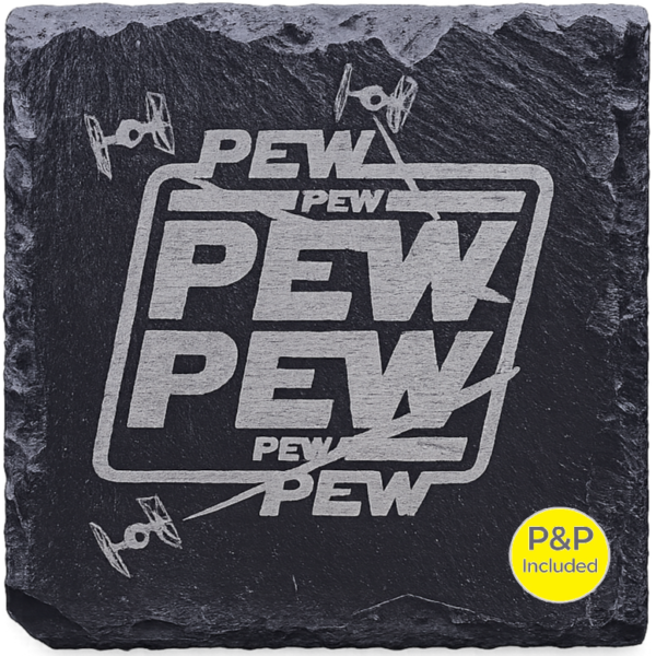 Pew Pew Slate Coaster – Eng Engraved slate coaster with Pew Pew sci-fi design on black natural stone
