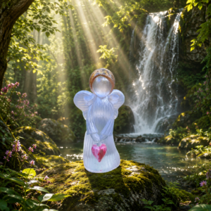 Small translucent resin angel figurine with pink heart standing on a mossy rock in a leafy forest glade beside a waterfall with shafts of sunlight