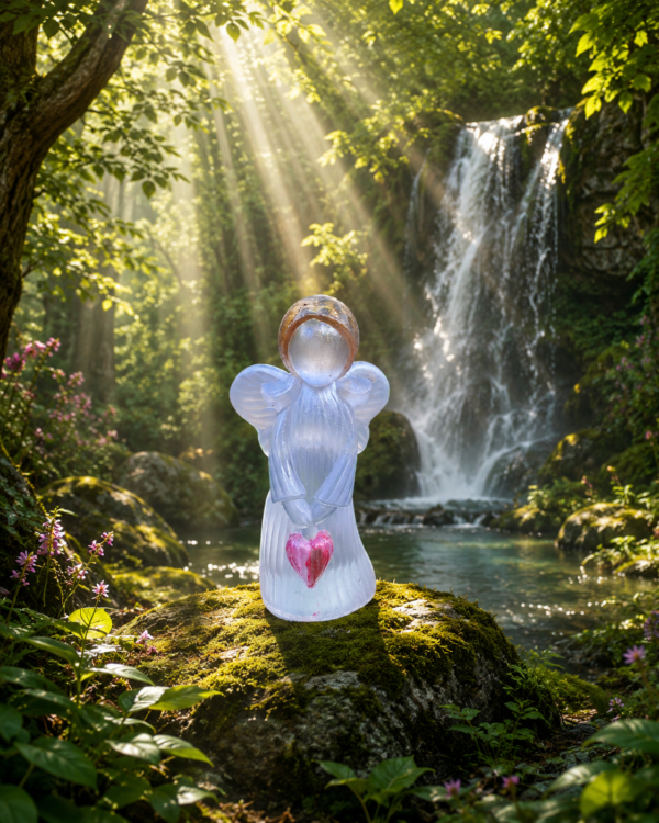 Small translucent resin angel figurine with pink heart standing on a mossy rock in a leafy forest glade beside a waterfall with shafts of sunlight