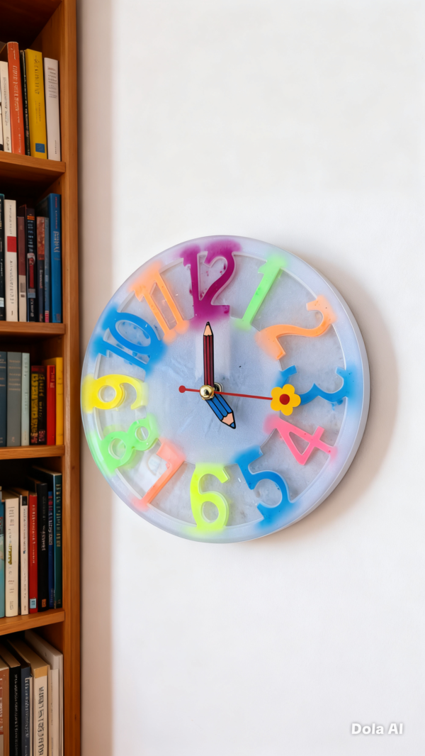 Colourful Children's Educational Resin Wall Clock Colourful handmade children's wall clock featuring bright rainbow numbers and pencil-shaped clock hands. Perfect for helping children learn to tell the time while adding fun colour to a bedroom, nursery, playroom, or classroom.