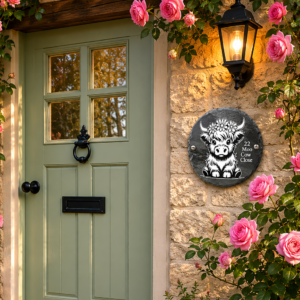 Personalised Highland Cow slate house sign mounted beside a sage green cottage front door surrounded by pink climbing roses. The natural slate plaque displays a cute Highland Cow illustration and custom house address details.