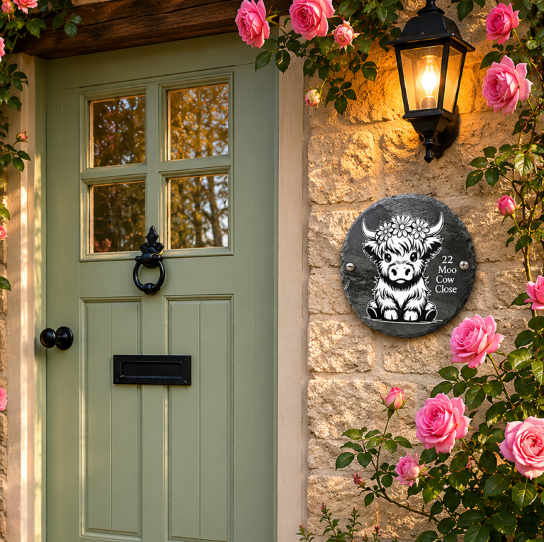 Personalised Highland Cow Slate Door Plaque mounted beside a sage green cottage front door surrounded by pink climbing roses. The natural slate plaque displays a cute Highland Cow illustration and custom house address details.