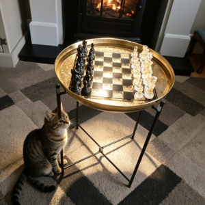Luxury resin chess table featuring a black and gold leaf chessboard with black and clear chess pieces, displayed beside a cosy fireplace with a cat sitting nearby.