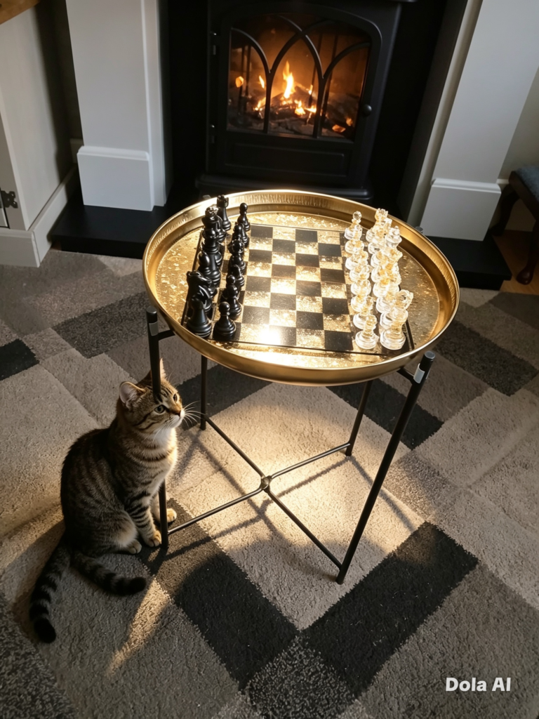 Luxury resin chess table featuring a black and gold leaf chessboard with black and clear chess pieces, displayed beside a cosy fireplace with a cat sitting nearby.