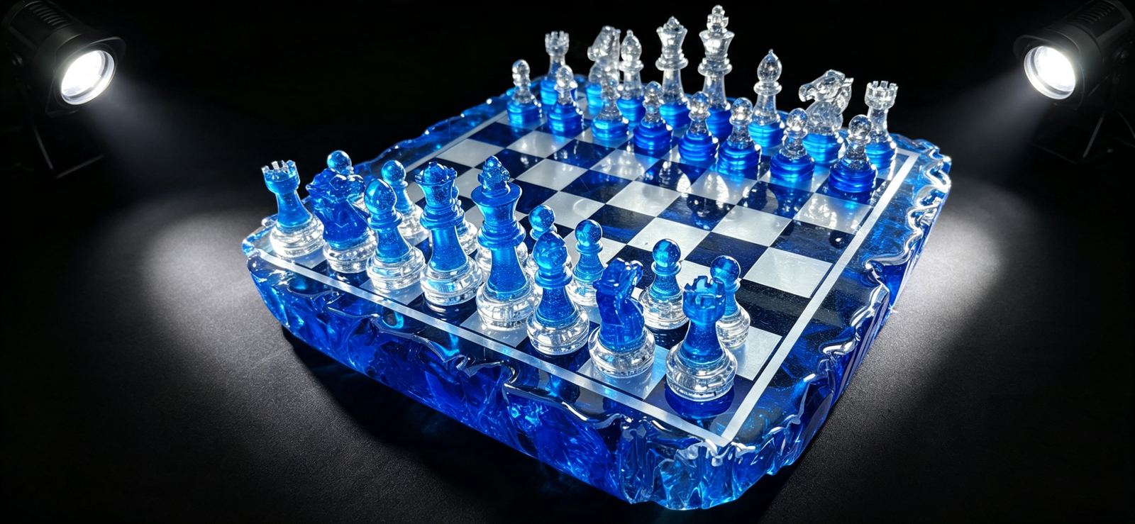 Handcrafted resin chess set featuring translucent blue and clear abstract pieces on a glossy board with a raw, geode-style crystal edge, lit against a black background.
