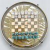 Botanical Resin Chess Table: Round Gold-Rim Side Table with Fern Inlay, Folding Black Metal Legs and Clear and Teal Chess Pieces