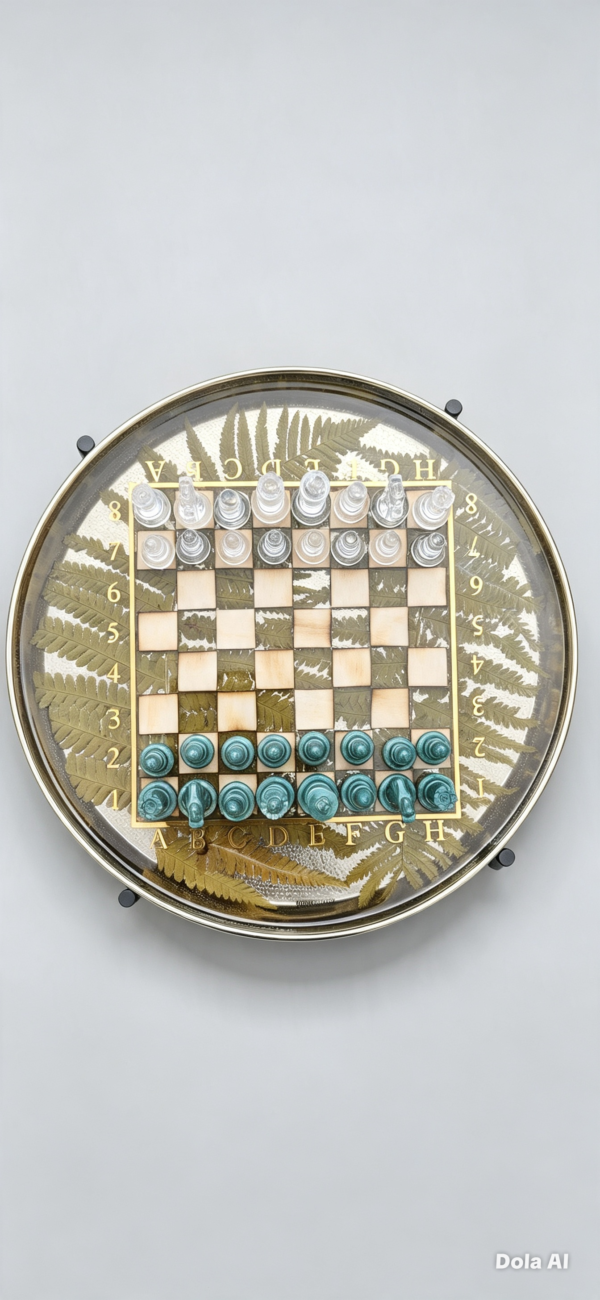 Botanical Resin Chess Table: Round Gold-Rim Side Table with Fern Inlay, Folding Black Metal Legs and Clear and Teal Chess Pieces
