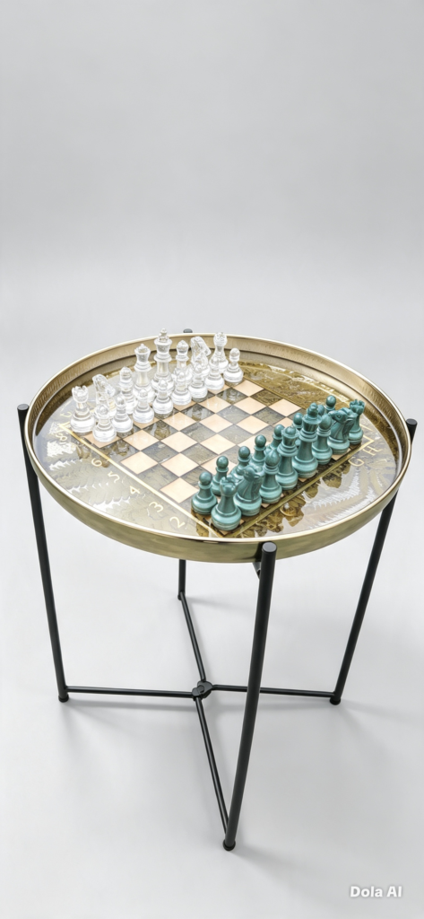 Round resin chess table with fern inlay, gold rim, clear and teal chess pieces, and black folding metal legs