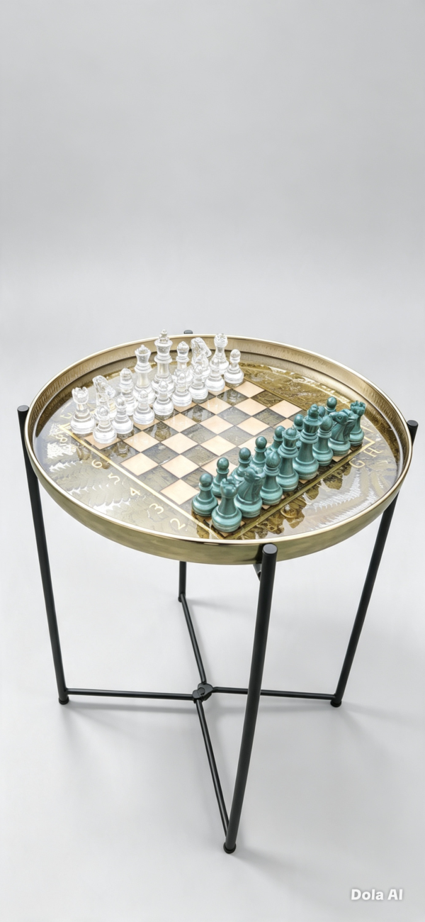 Round resin chess table with fern inlay, gold rim, clear and teal chess pieces, and black folding metal legs