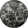 Round engraved slate plaque titled A Christmas Journey, showing Santa, a vintage steam train, a snowy village, a horse-drawn sleigh and Santa’s reindeer in the night sky