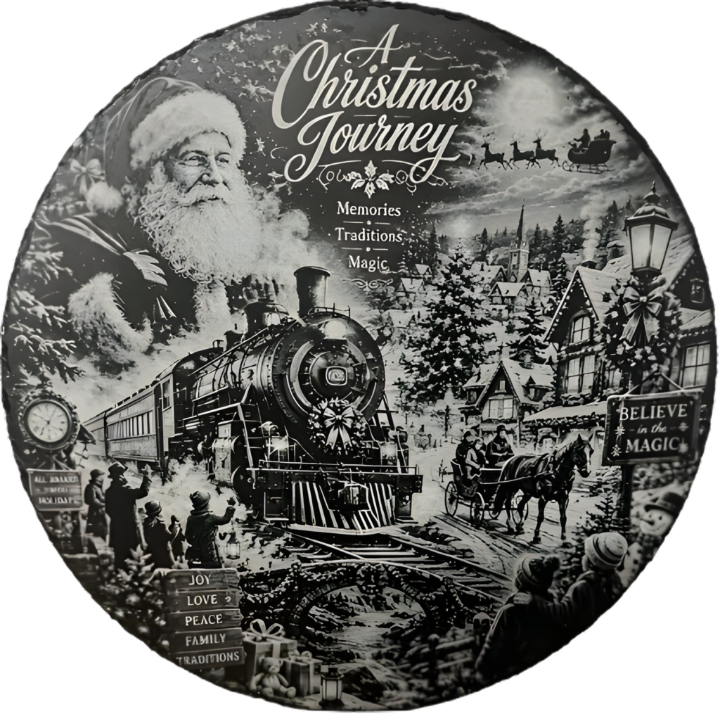 Round engraved slate plaque titled A Christmas Journey, showing Santa, a vintage steam train, a snowy village, a horse-drawn sleigh and Santa’s reindeer in the night sky