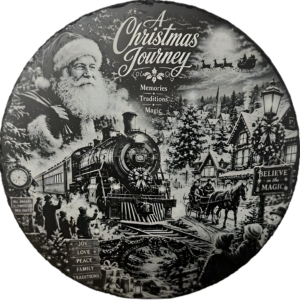 Round engraved slate plaque titled A Christmas Journey, showing Santa, a vintage steam train, a snowy village, a horse-drawn sleigh and Santa’s reindeer in the night sky